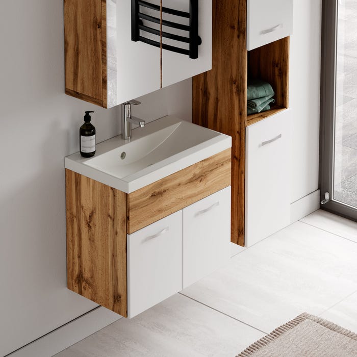 Meuble de salle de bain de Montreal 01 60cm avec miroir armoire Chene, blanc - Armoire de rangement Meuble lavabo evier Meubles 4