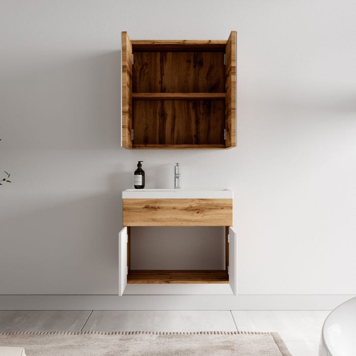 Meuble de salle de bain de Montreal 01 60cm avec miroir armoire Chene, blanc - Armoire de rangement Meuble lavabo evier Meubles 2