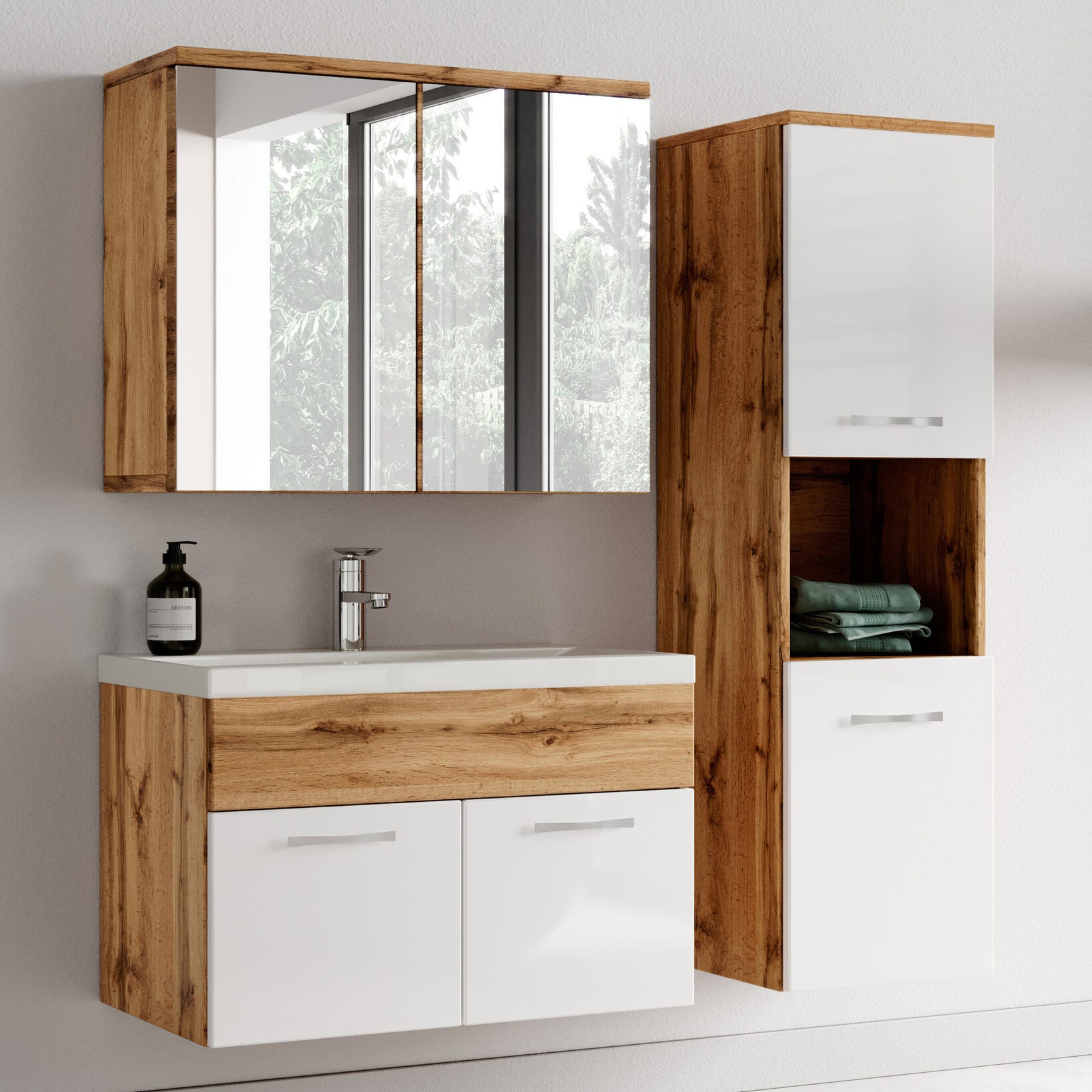 Meuble de salle de bain de Montreal 01 60cm avec miroir armoire Chene, blanc - Armoire de rangement Meuble lavabo evier Meubles 1