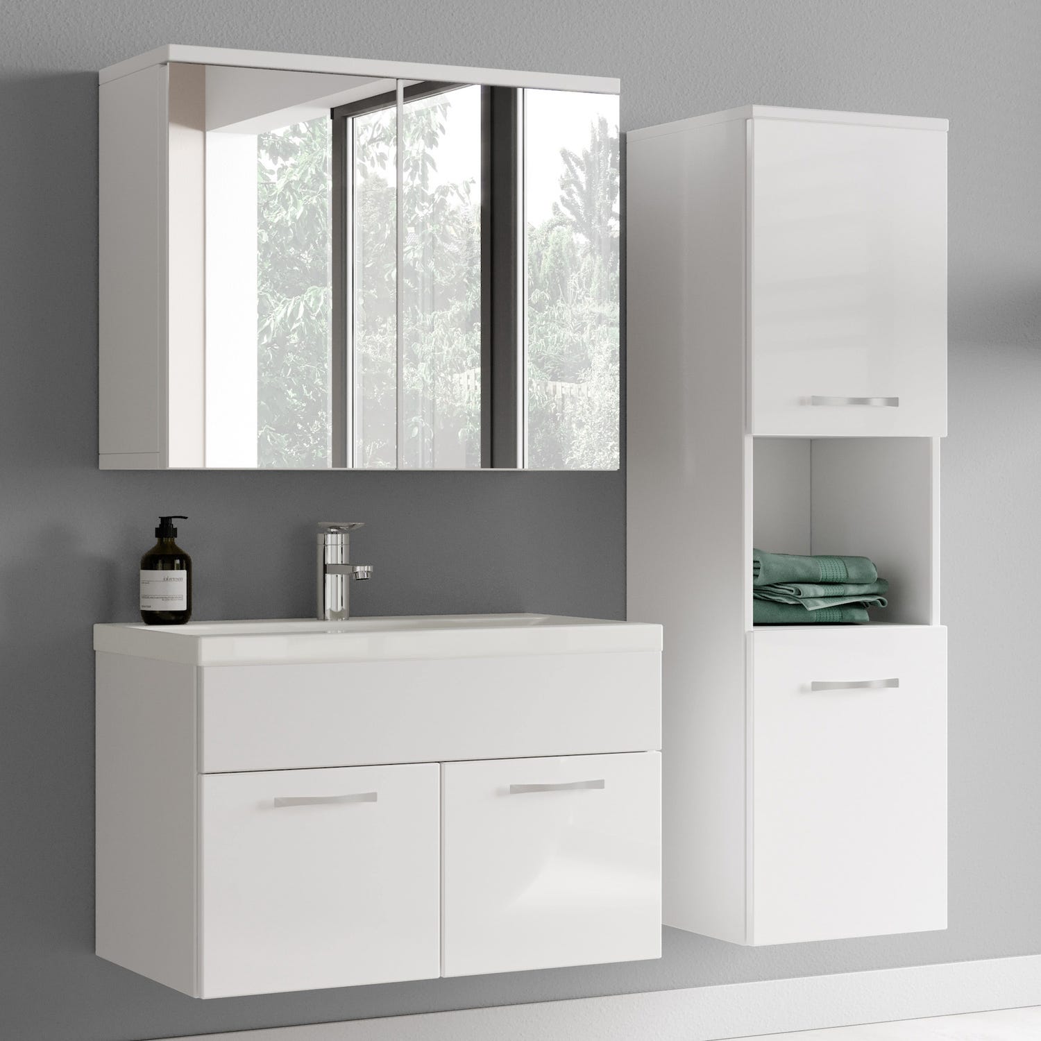 Meuble de salle de bain Montreal 60 cm avec miroir armoire Blanc brillant - Armoire de rangement Meuble lavabo evier Meubles 1