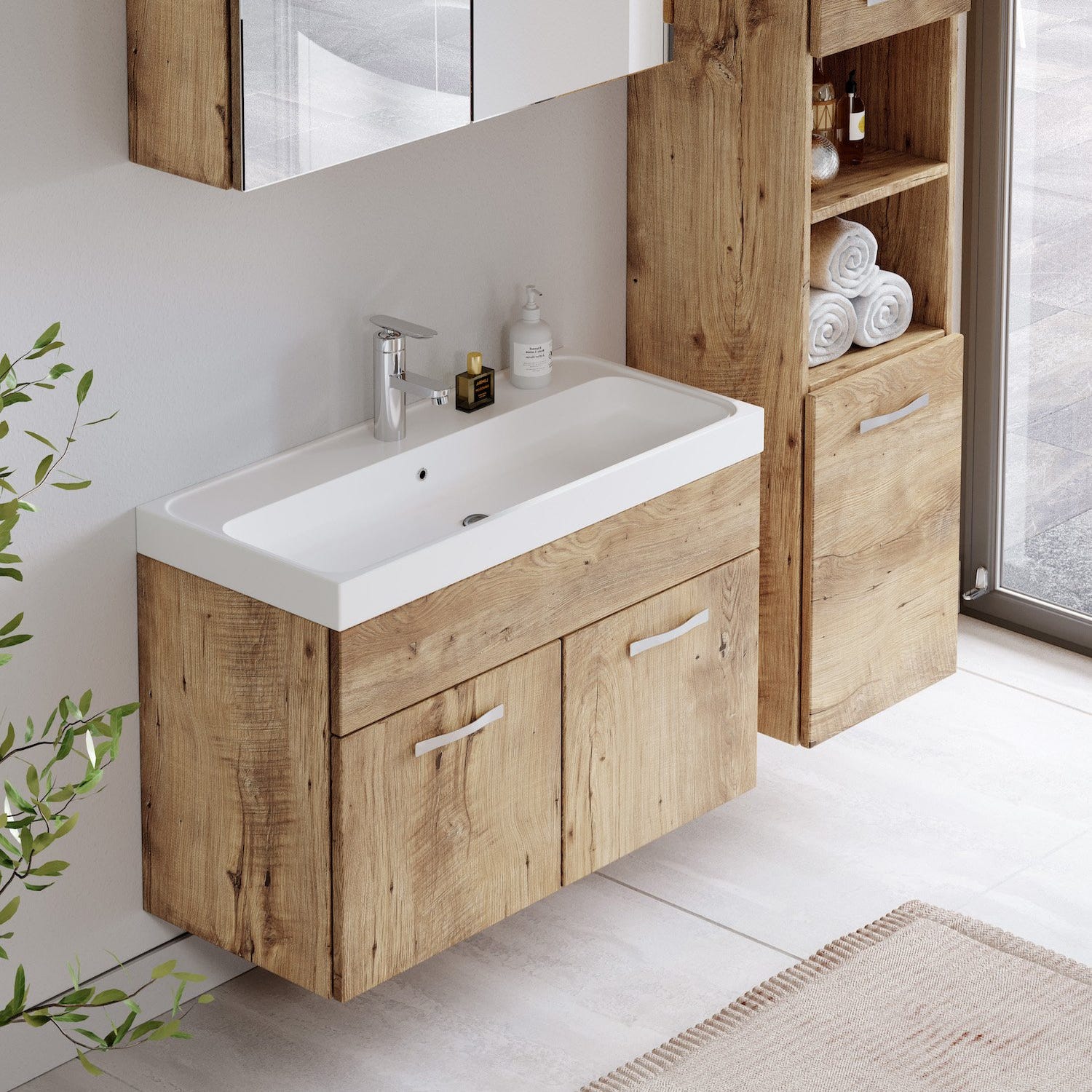 Meuble de salle de bain de Paso 80 x 40 cm lavabo Chêne châtaignier – Armoire de rangement Meuble lavabo armoire miroir 3
