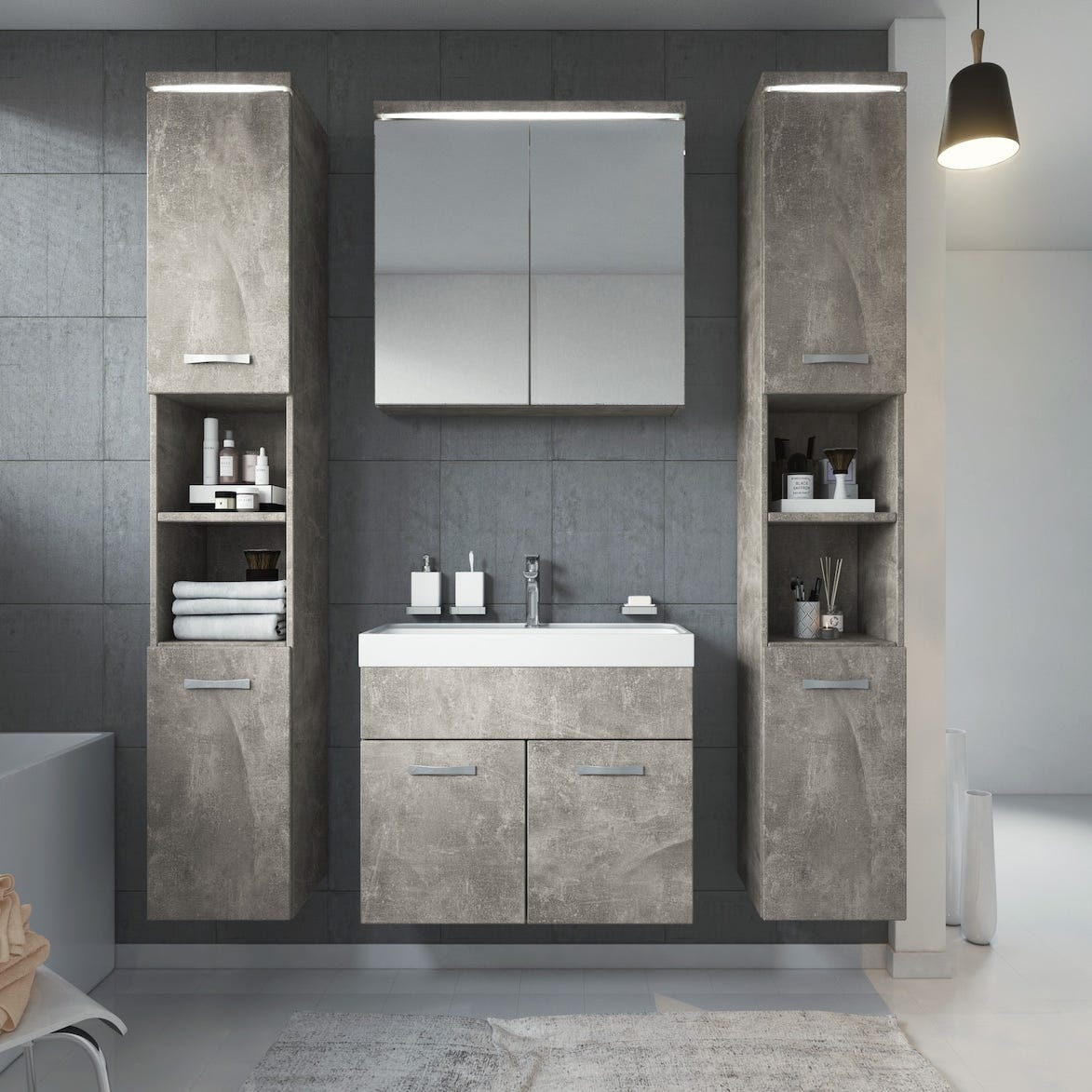 Meuble de salle de bain Paso XL 80 x 40 cm Beton Gris – Armoire de rangement Meuble lavabo evier Meuble lavabo 1