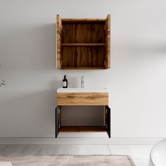 Meuble de salle de bain de Montreal 01 60cm avec miroir armoire Chene, noir mat - Armoire de rangement Meuble lavabo evier Meubles 2