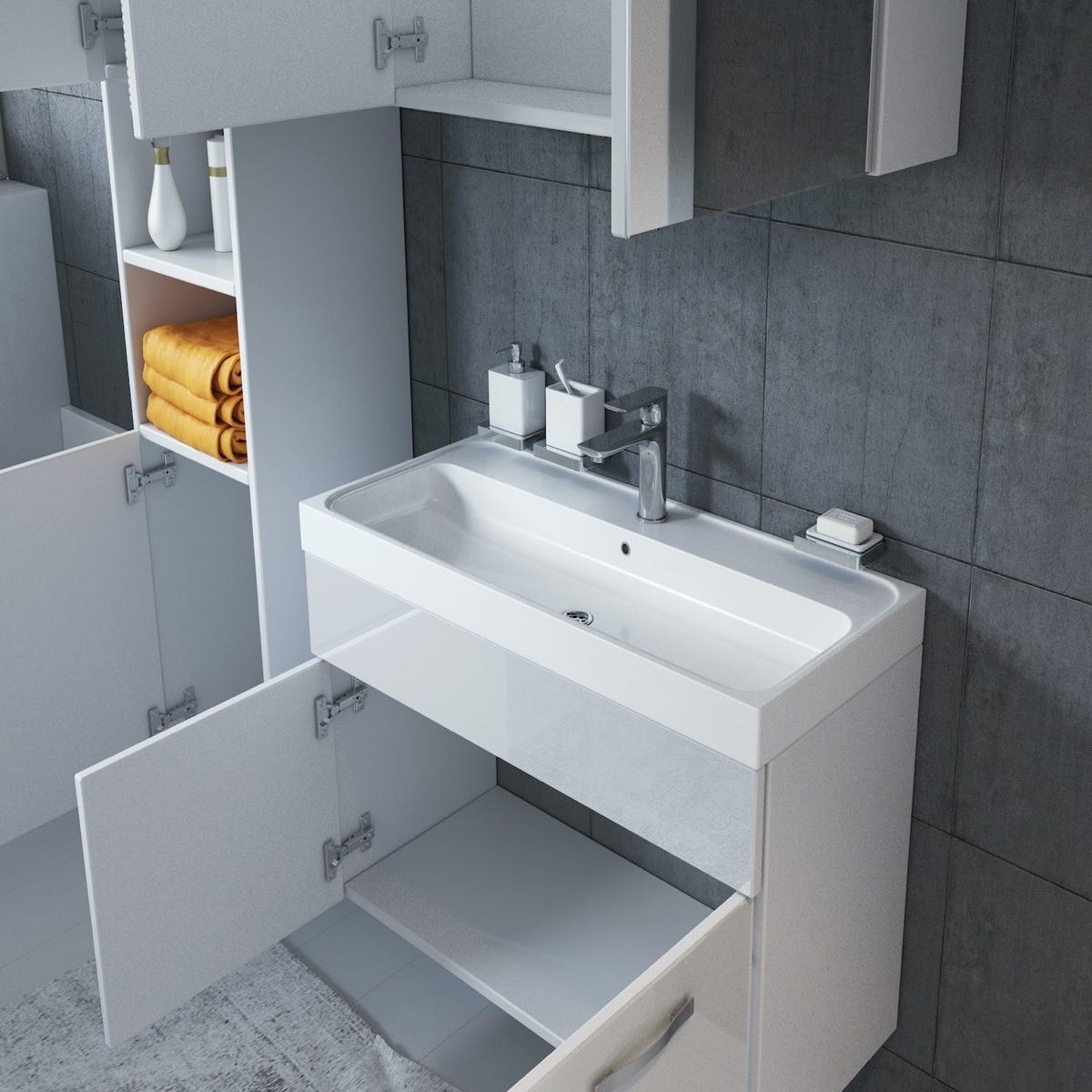 Meuble de salle de bain de Paso 80 x 40 cm lavabo Blanc Brillant – Armoire de rangement Meuble lavabo armoire miroir 4