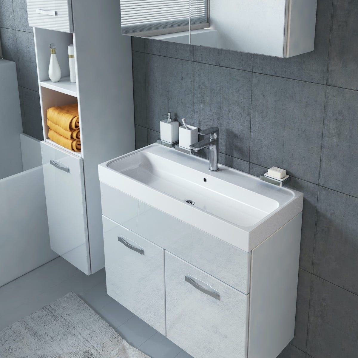 Meuble de salle de bain de Paso 80 x 40 cm lavabo Blanc Brillant – Armoire de rangement Meuble lavabo armoire miroir 3