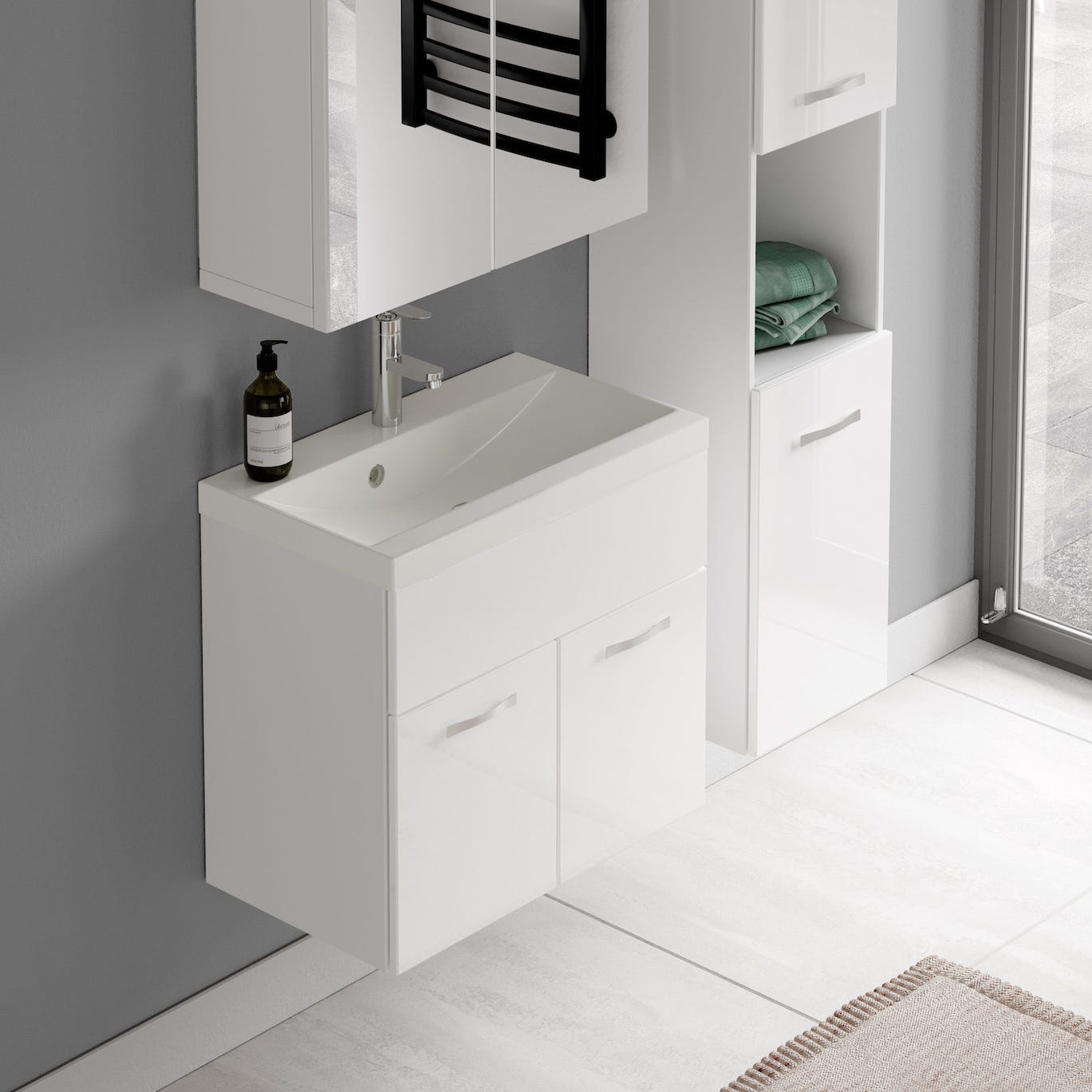 Meuble de salle de bain de Montreal 01 60cm avec miroir armoire Blanc brillant - Armoire de rangement Meuble lavabo evier Meubles 4