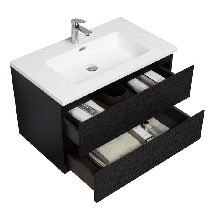 Meuble de salle de bain Angela 80 cm noir bois – Armoire de rangement Meuble lavabo 1