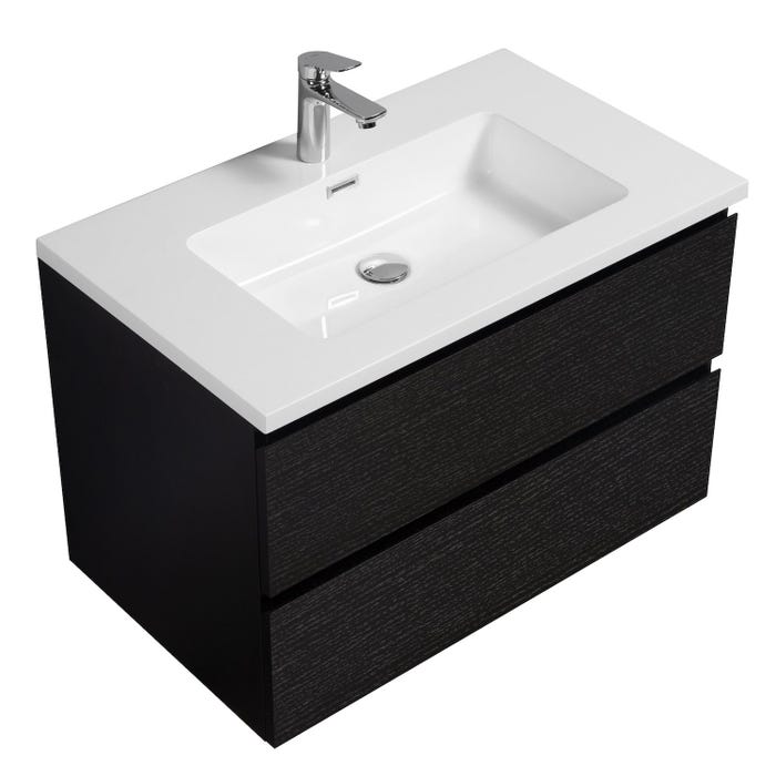 Meuble de salle de bain Angela 80 cm noir bois – Armoire de rangement Meuble lavabo 3