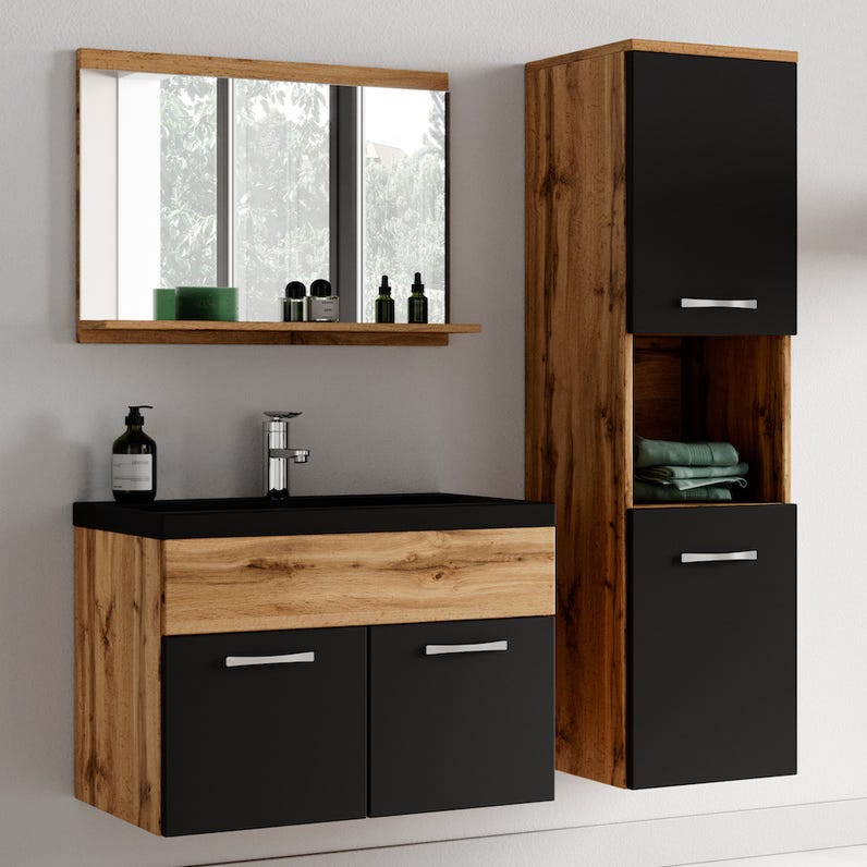 Meuble de salle de bain Montreal 60 cm lavabo noir - Chene avec noir mat - Armoire de rangement Meuble lavabo evier Meubles 1