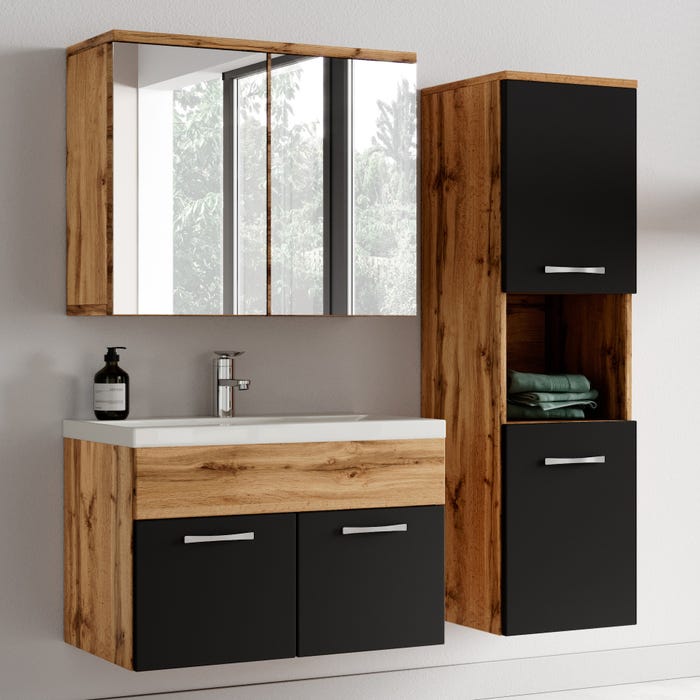 Meuble de salle de bain Montreal 60 cm avec miroir armoire Chene, noir mat - Armoire de rangement Meuble lavabo evier Meubles 1