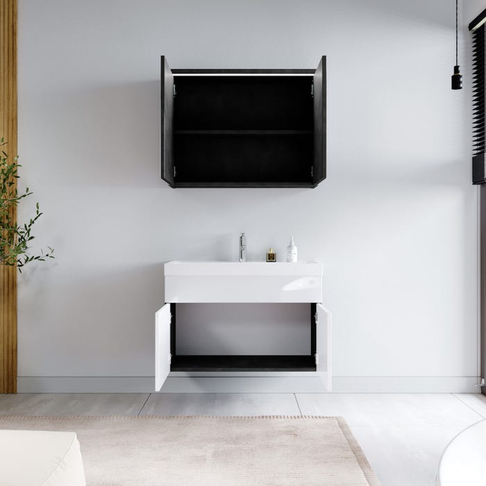 Meuble de salle de bain Paso 02 80 x 40 cm lavabo Gris avec Blanc – Armoire de rangement miroir armoire miroir 2