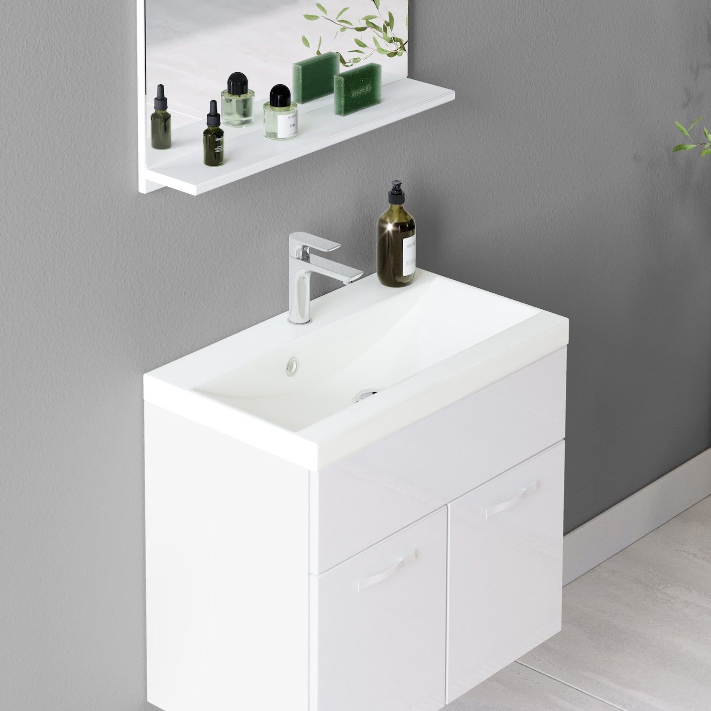 Meuble de salle de bain de Montreal 01 60 cm lavabo Blanc Brillant - Armoire de rangement Meuble lavabo evier Meubles 2