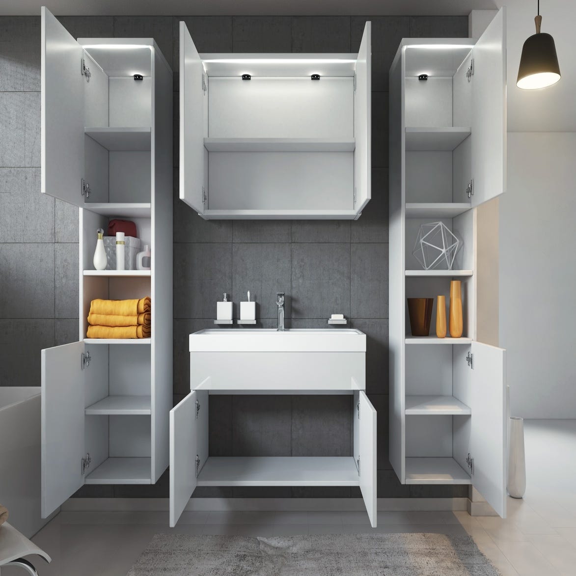 Meuble de salle de bain Paso XL 80 x 40 cm Blanc Brillant – Armoire de rangement Meuble lavabo evier Meuble lavabo 2