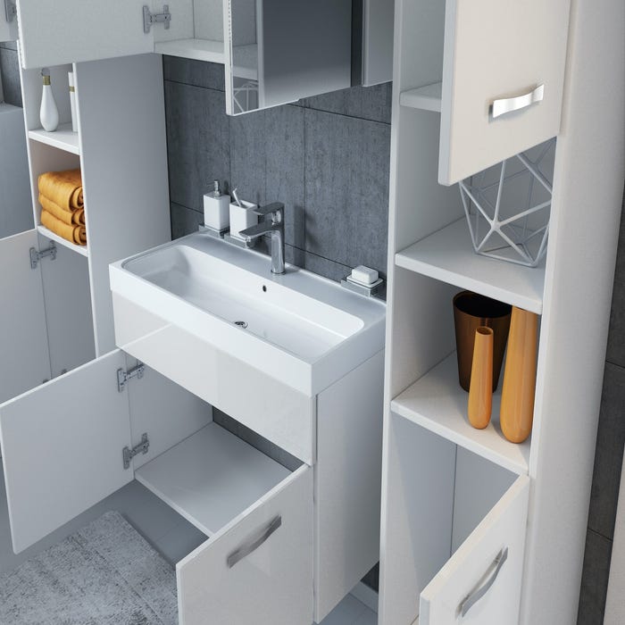 Meuble de salle de bain Paso XL 80 x 40 cm Blanc Brillant – Armoire de rangement Meuble lavabo evier Meuble lavabo 4