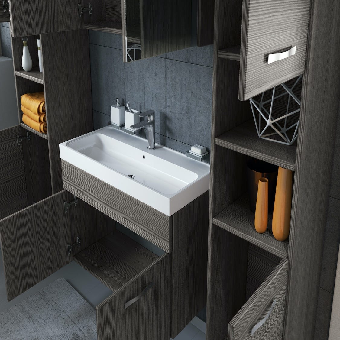 Meuble de salle de bain Paso XL 80 x 40 cm Chene Gris – Armoire de rangement Meuble lavabo evier Meuble lavabo 4