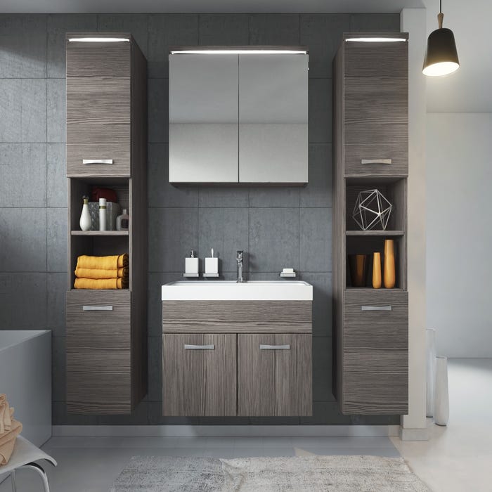 Meuble de salle de bain Paso XL 80 x 40 cm Chene Gris – Armoire de rangement Meuble lavabo evier Meuble lavabo 1