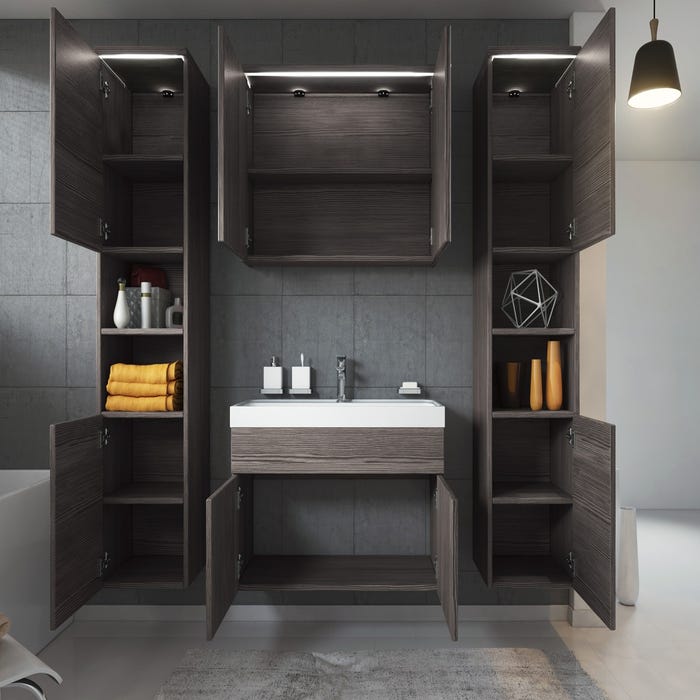 Meuble de salle de bain Paso XL 80 x 40 cm Chene Gris – Armoire de rangement Meuble lavabo evier Meuble lavabo 2