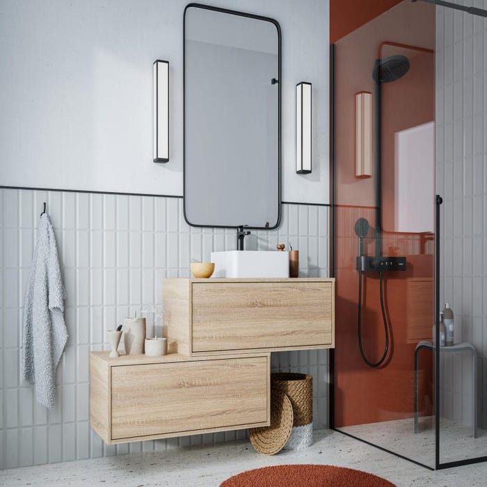 Meuble de salle de bain suspendu naturel clair avec simple vasque carrée et deux tiroirs - 94 cm - TEANA II 1