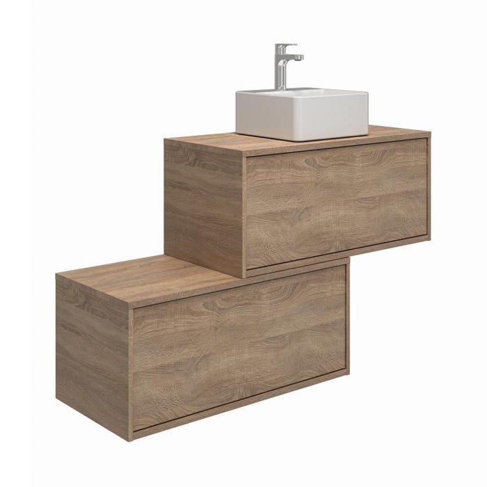 Meuble de salle de bain suspendu naturel clair avec simple vasque carrée et deux tiroirs - 94 cm - TEANA II 3