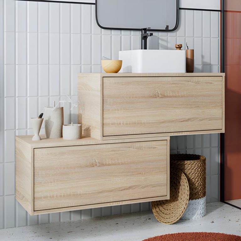 Meuble de salle de bain suspendu naturel clair avec simple vasque carrée et deux tiroirs - 94 cm - TEANA II 0