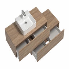 Meuble de salle de bain suspendu naturel clair avec simple vasque carrée et deux tiroirs - 94 cm - TEANA II 4