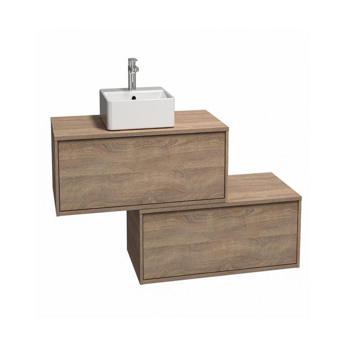 Meuble de salle de bain suspendu naturel clair avec simple vasque carrée et deux tiroirs - 94 cm - TEANA II 2