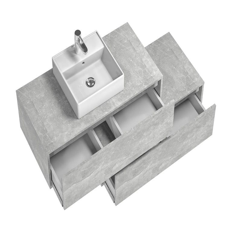 Meuble de salle de bain suspendu gris béton avec simple vasque carrée et deux tiroirs - 94 cm - TEANA II 4