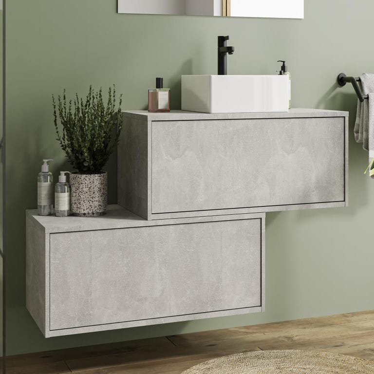 Meuble de salle de bain suspendu gris béton avec simple vasque carrée et deux tiroirs - 94 cm - TEANA II 0