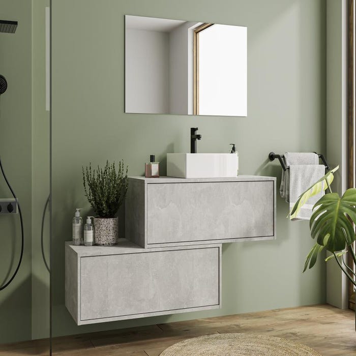 Meuble de salle de bain suspendu gris béton avec simple vasque carrée et deux tiroirs - 94 cm - TEANA II 1