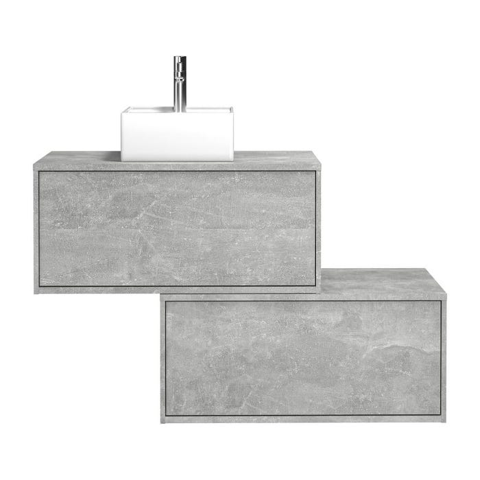Meuble de salle de bain suspendu gris béton avec simple vasque carrée et deux tiroirs - 94 cm - TEANA II 3