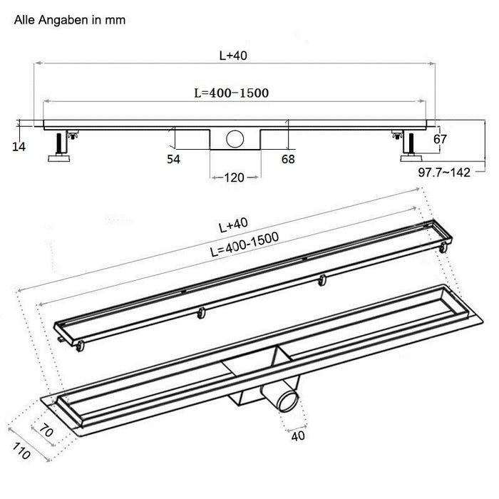 AICA caniveau de douche en acier inoxydable italien 2 en 1, siphon de drainage au sol en carrelage, réglable en hauteur avec désodorisant - 140 cm 4