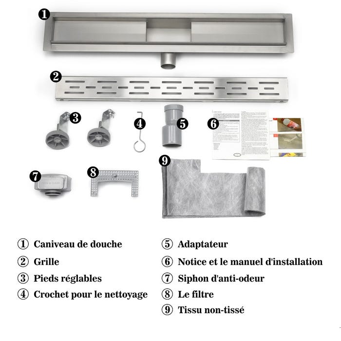 AICA caniveau de douche en acier inoxydable italien,siphon de drainage au sol en carrelage,réglable en hauteur avec désodorisant- Style 1-80 cm 2