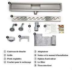 AICA caniveau de douche en acier inoxydable italien,siphon de drainage au sol en carrelage,réglable en hauteur avec désodorisant- Style 2-80 cm 2