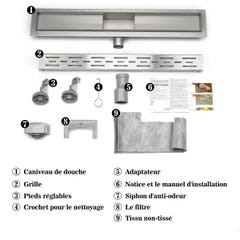 AICA caniveau de douche en acier inoxydable italien,siphon de drainage au sol en carrelage,réglable en hauteur avec désodorisant- Style 1-120 cm 2