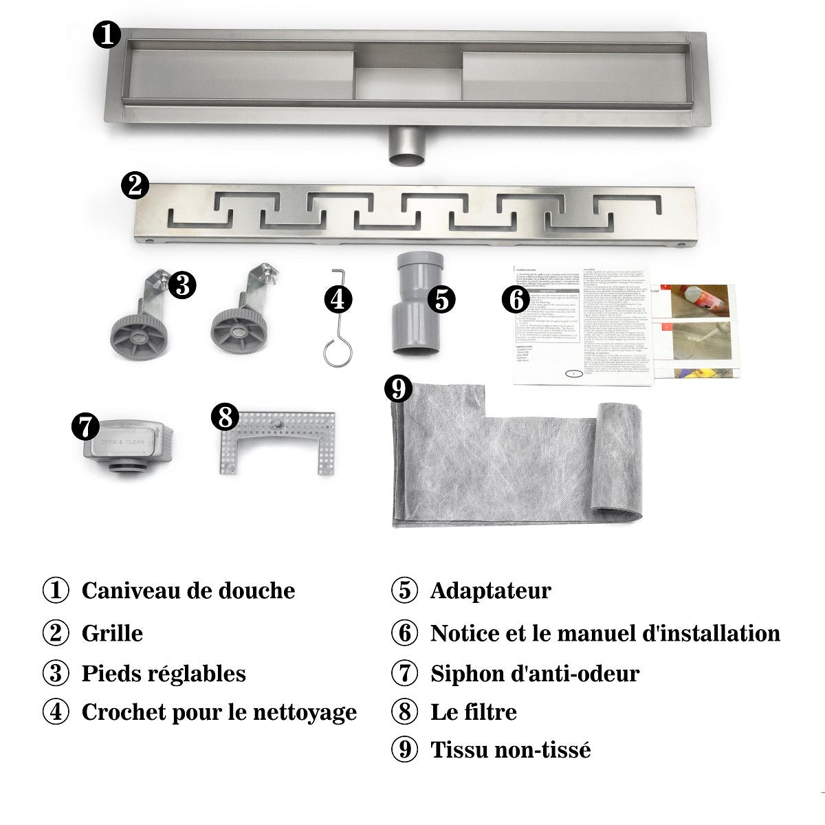 AICA caniveau de douche en acier inoxydable italien,siphon de drainage au sol en carrelage,réglable en hauteur avec désodorisant- Style 4-70 cm 2