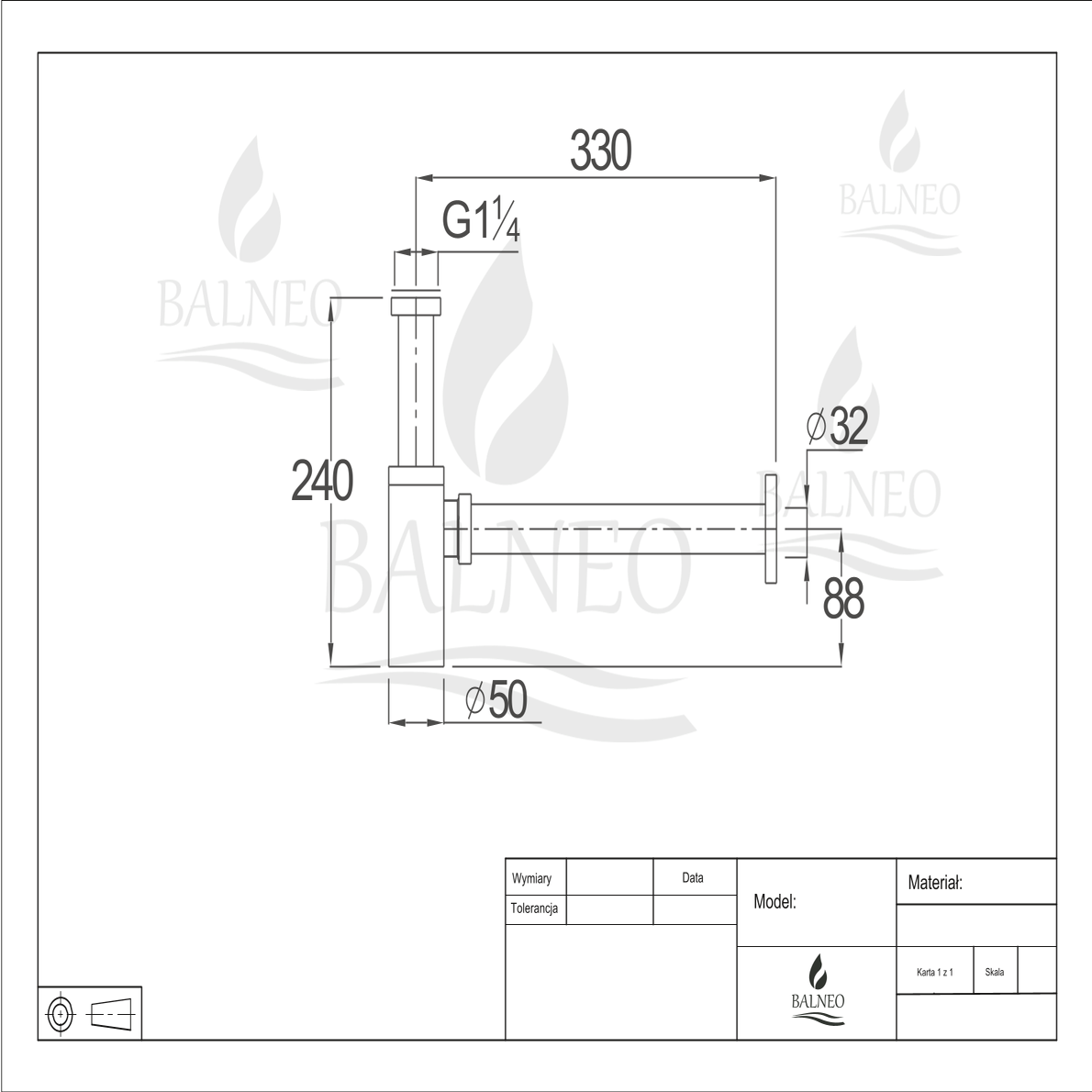Balneo Siphon lavabo design carré, finition gold, laiton, G1-1-4" 3