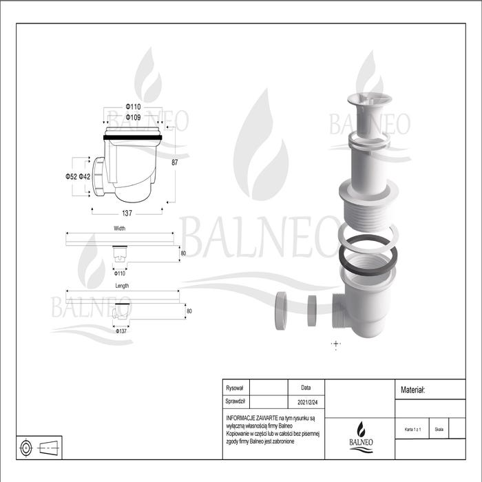 Balneo Siphon 87mm, pour receveurs de douche, hautere 87mm, Stone Tray 5
