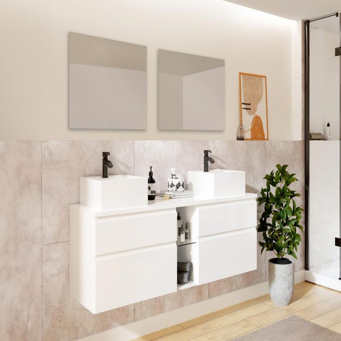 Meuble de salle de bain suspendu avec double vasque et miroirs - Blanc - L150 cm - MAGDALENA II 1