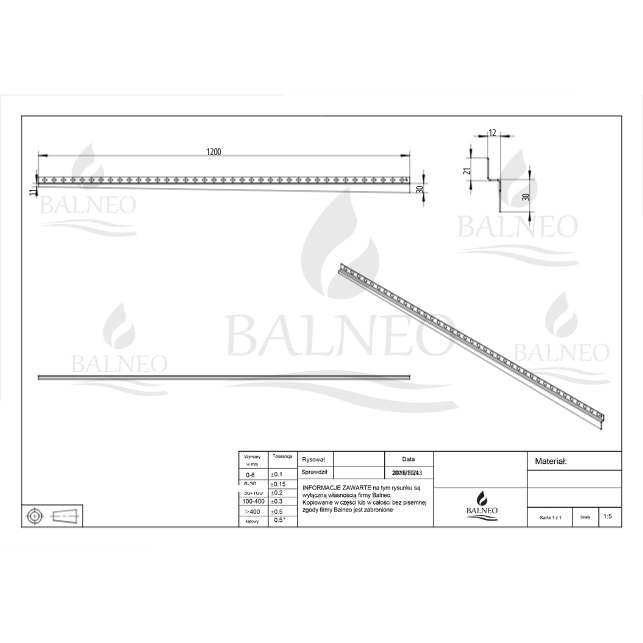 Balneo Profilé murale inclinée à gauche pour douche 120cm, acier inoxydable, finition cuivre, Pente de 1,5% 5