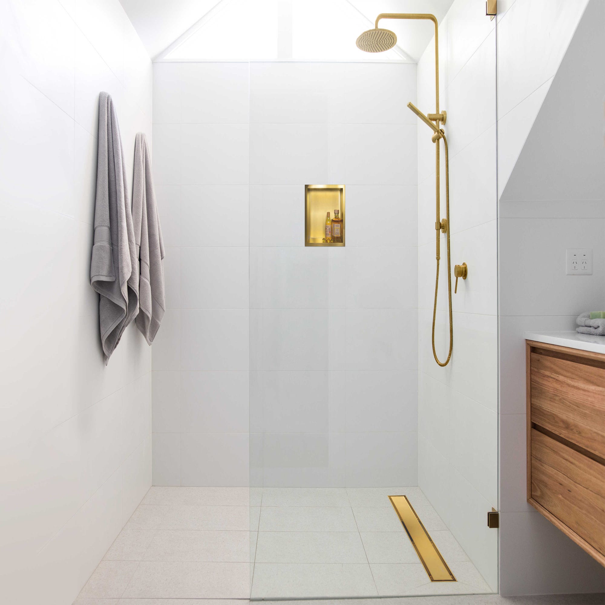 Balneo Caniveau de douche 2 en 1, en Acier Inox 90cm, finition gold, avec Siphon, Duplex Next 1