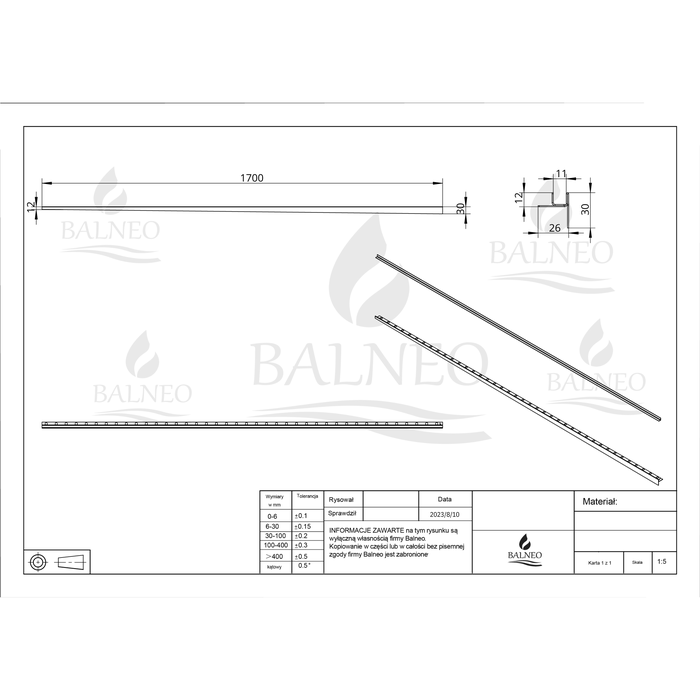 Balneo Profilé latéral incliné gauche pour douche à l'italienne 170cm, acier inoxydable, finition noir, Pente de 1,5% 5