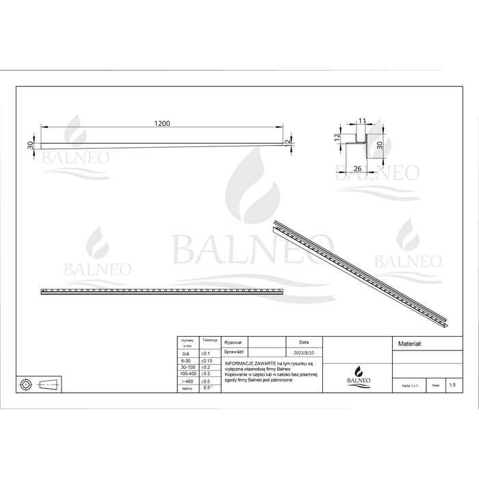 Balneo Profilé latéral incliné droit pour douche à l'italienne 120cm, acier inoxydable, finition inox, Pente de 1,5% 5