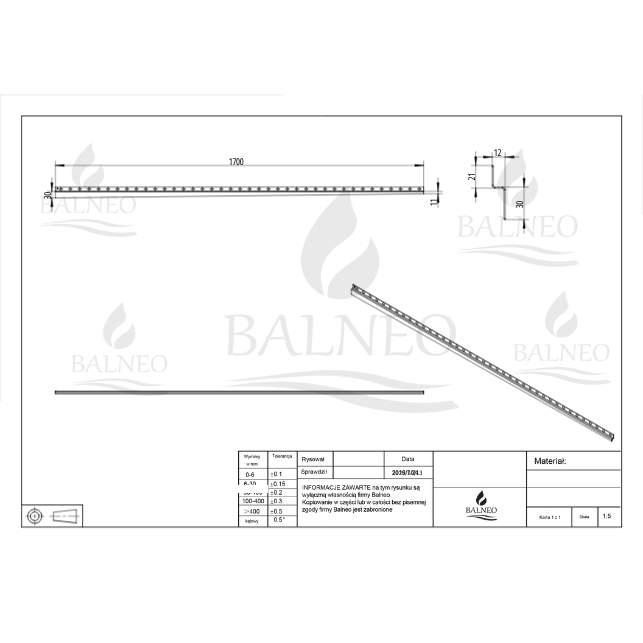 Balneo Profilé murale inclinée à droite pour douche 170cm, acier inoxydable, finition noir, Pente de 1,5% 5