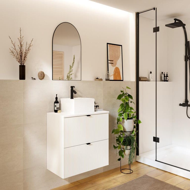 Meuble de salle de bain suspendu strié avec vasque à poser - Blanc mat - 80 cm - ZEVINI 0