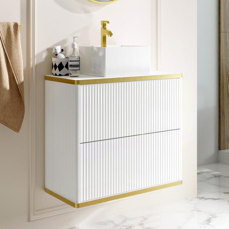 Meuble de salle de bain suspendu strié liseré doré avec vasque à poser - Blanc - 80 cm - KELIZA 1