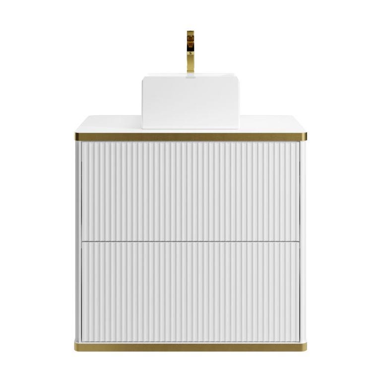 Meuble de salle de bain suspendu strié liseré doré avec vasque à poser - Blanc - 80 cm - KELIZA 3
