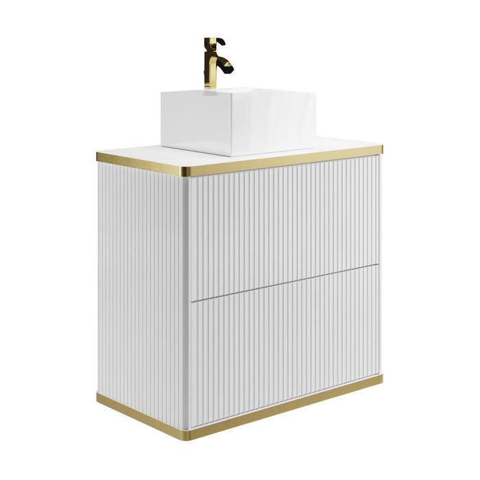 Meuble de salle de bain suspendu strié liseré doré avec vasque à poser - Blanc - 80 cm - KELIZA 2