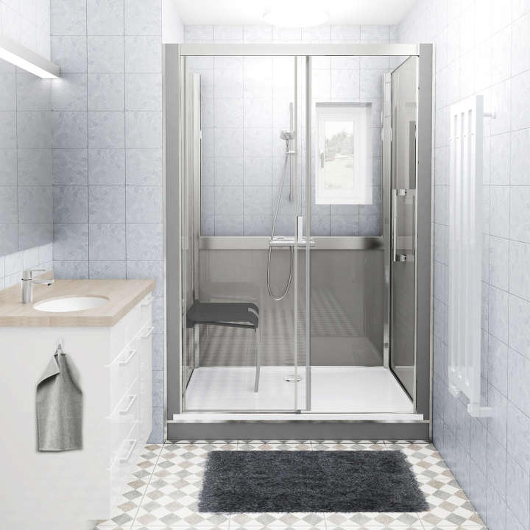 Cabine de douche version mixte en niche largeur 136 cm largeur 87,7cm blanc verre sérigraphié déperlant 0