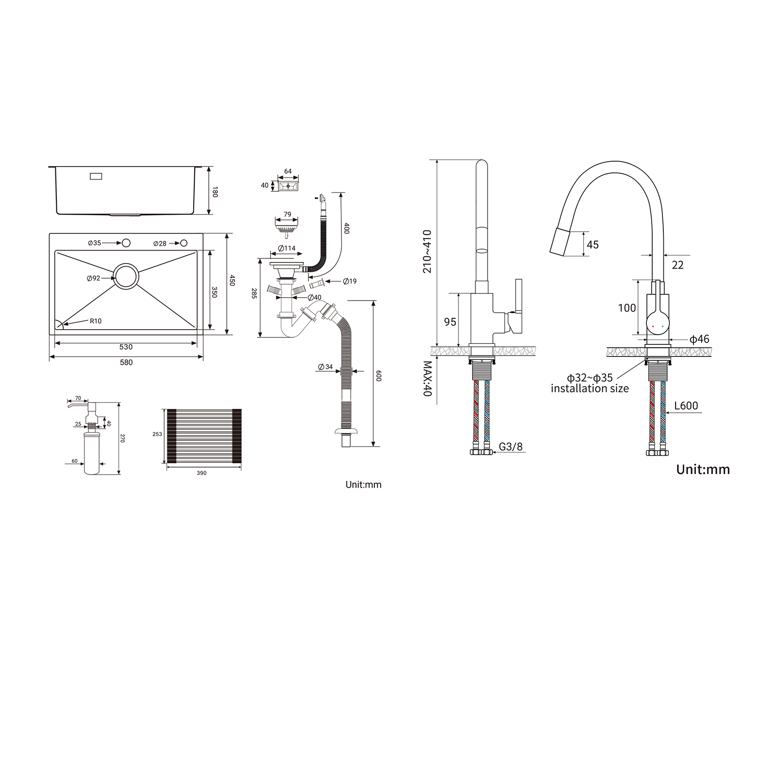 Auralum Évier Cuisine 1 Bac Brossé,58*45*18CM,Égouttoir Énroulable,Distributeur Savon+Robinet de Cuisine Flexible Bec Haut Orientable 3