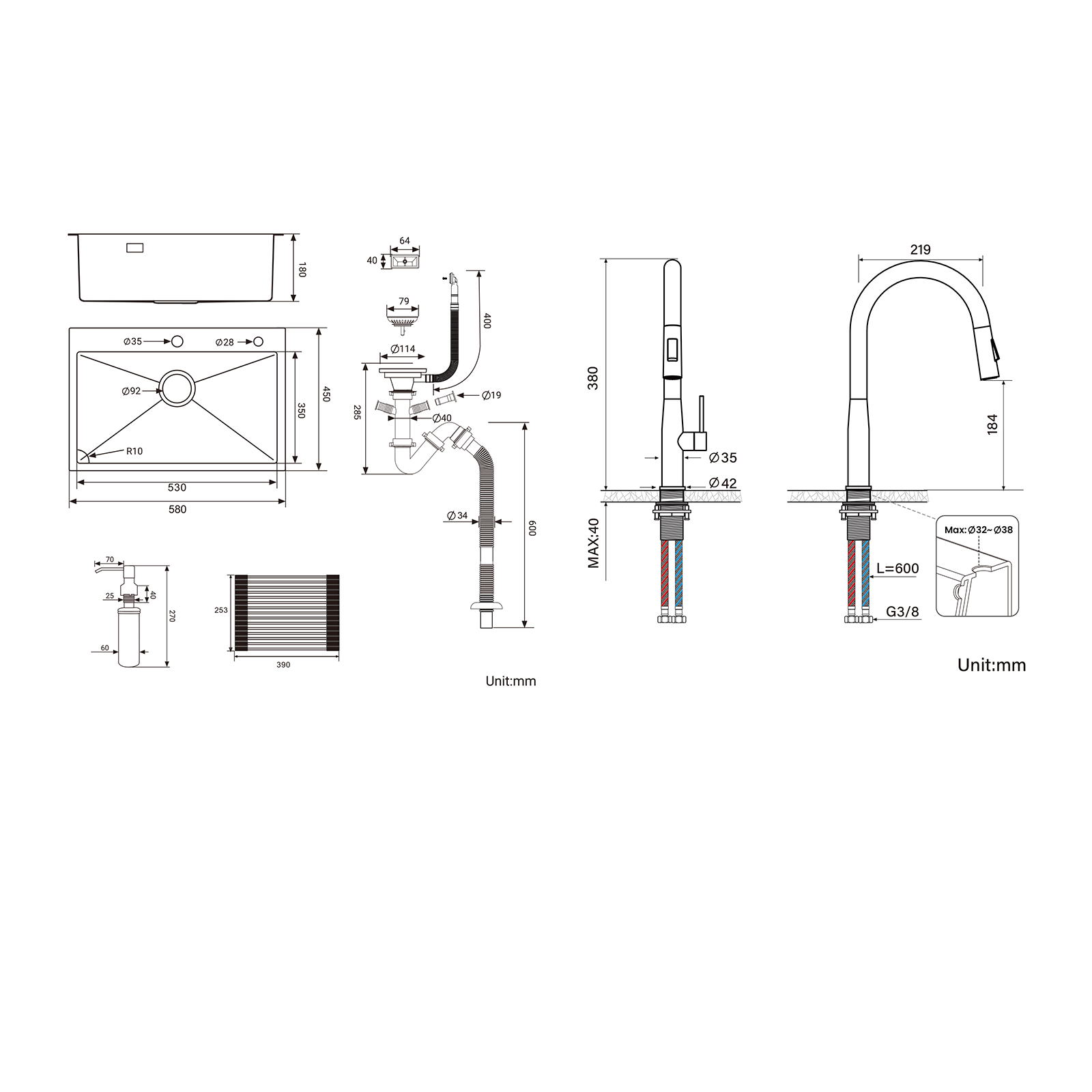 Auralum Évier Cuisine1Bac 58*45*18CM,avec Egouttoir évier Enroulable/Distributeur Savon+Robinet Cuisine avecDouchette Extractible 2 Modes Jets ,Noir 1